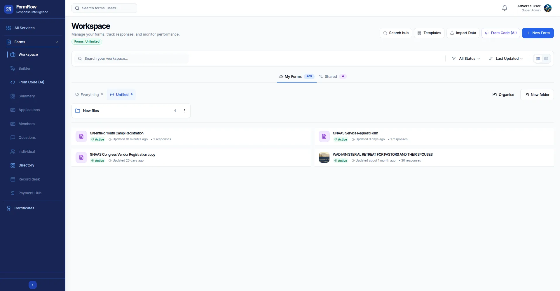 The Forms home page with the form list