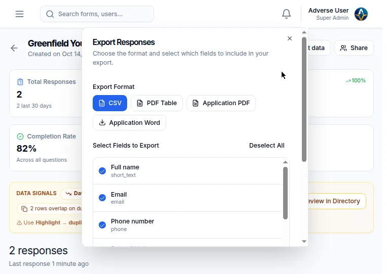 Exporting responses