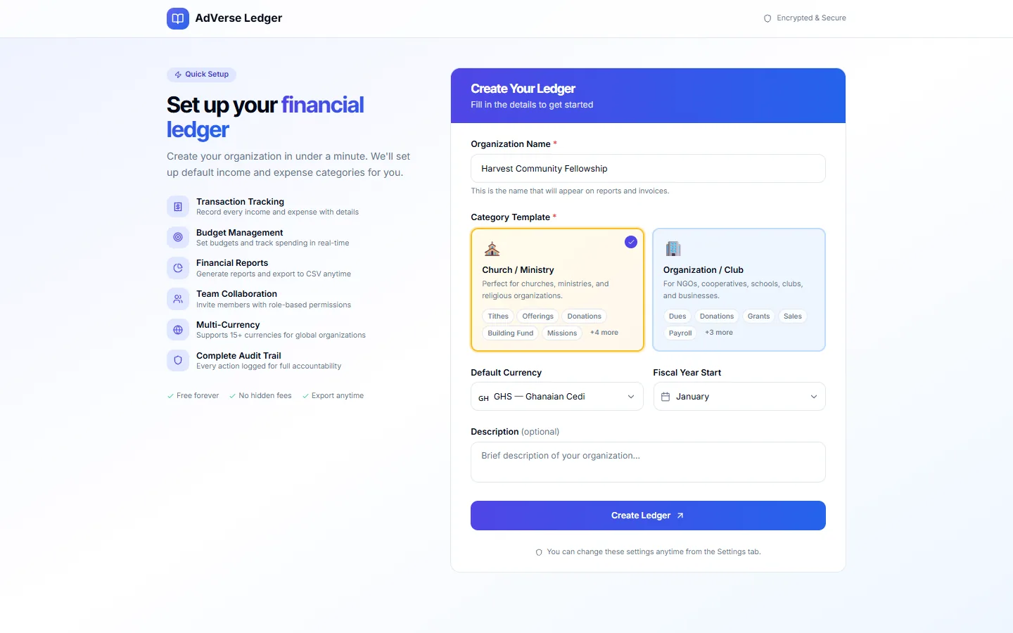 The Create Your Ledger form