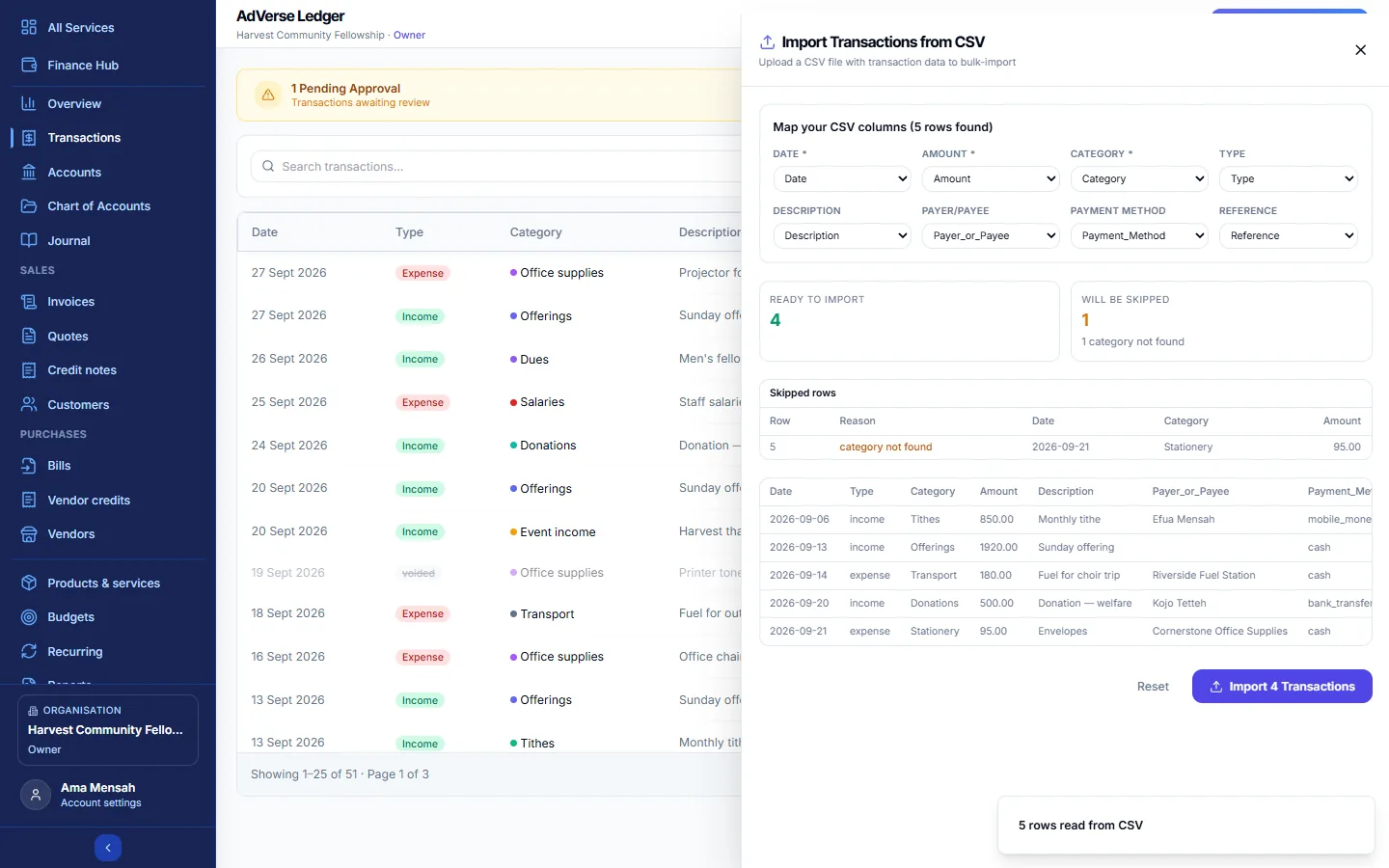 The CSV import screen with columns mapped