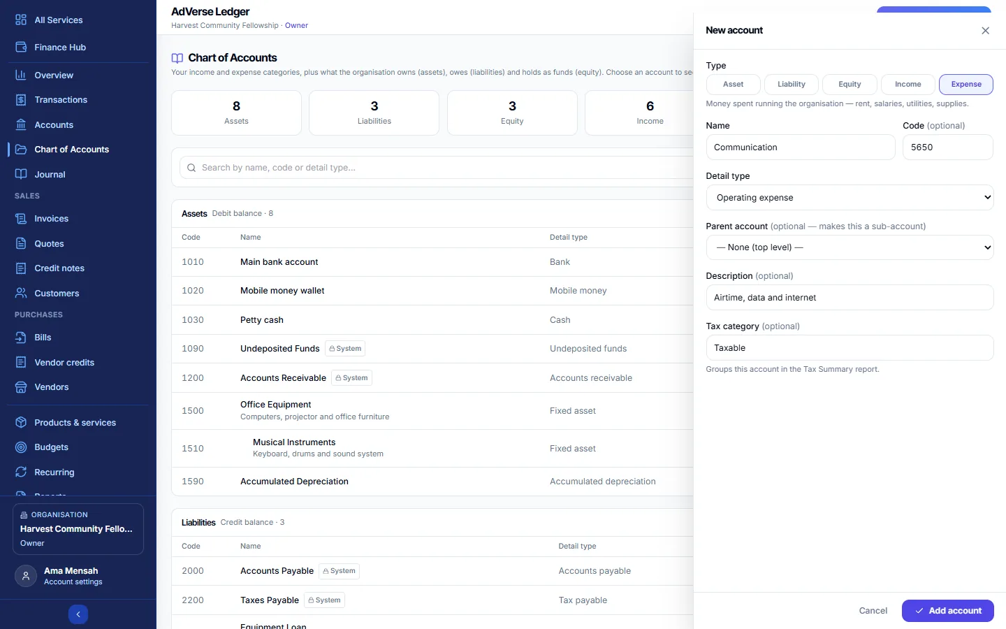 The New account form