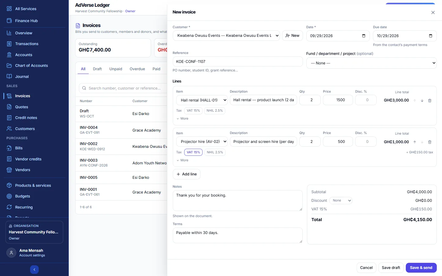 The New invoice form with lines filled in