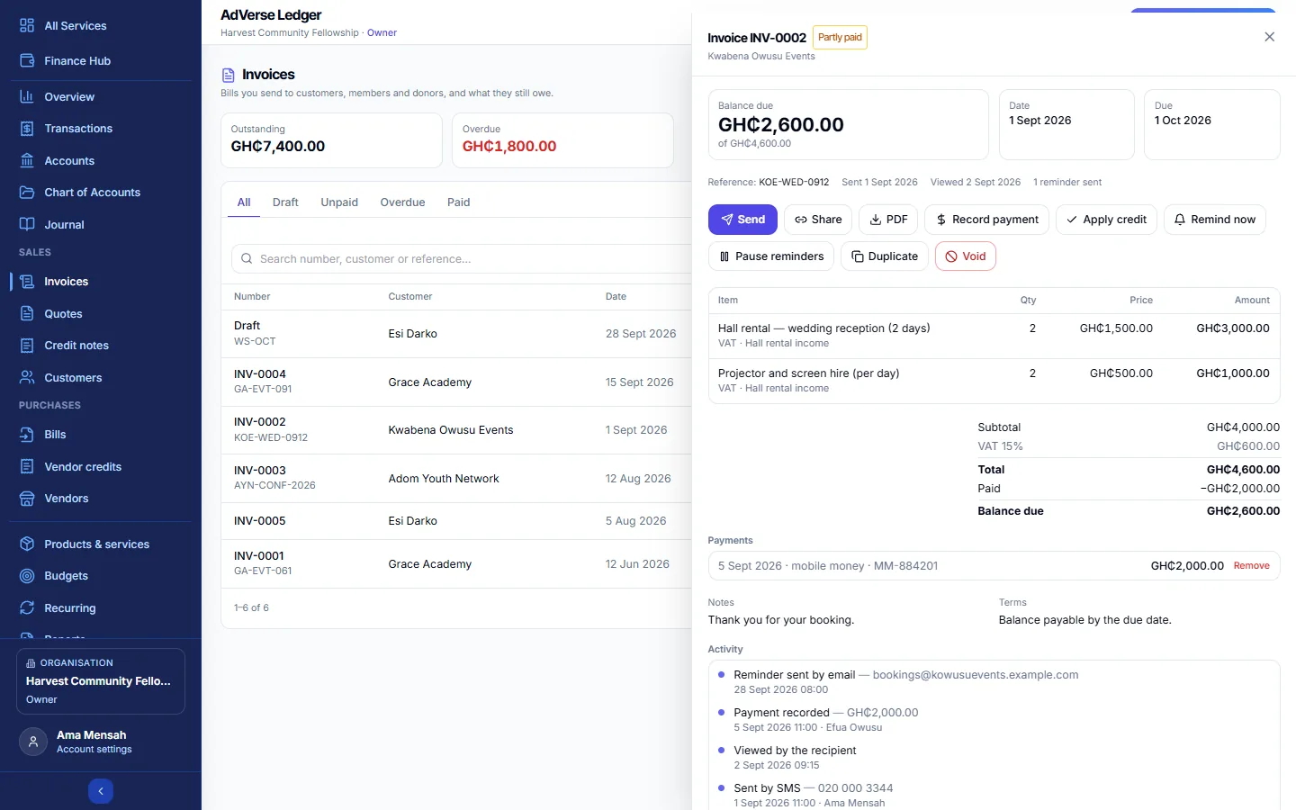 An invoice's detail view