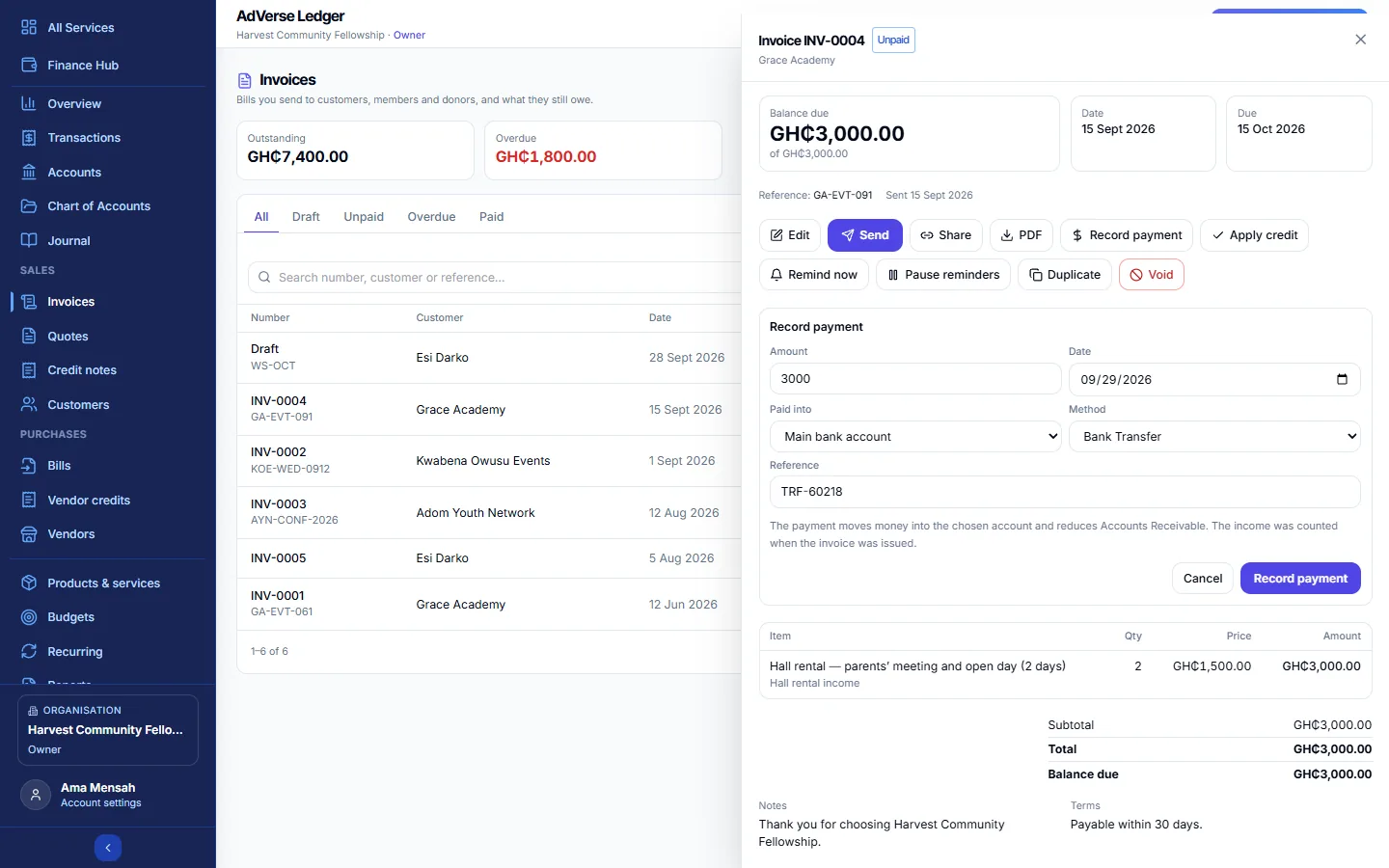 The Record payment form on an invoice