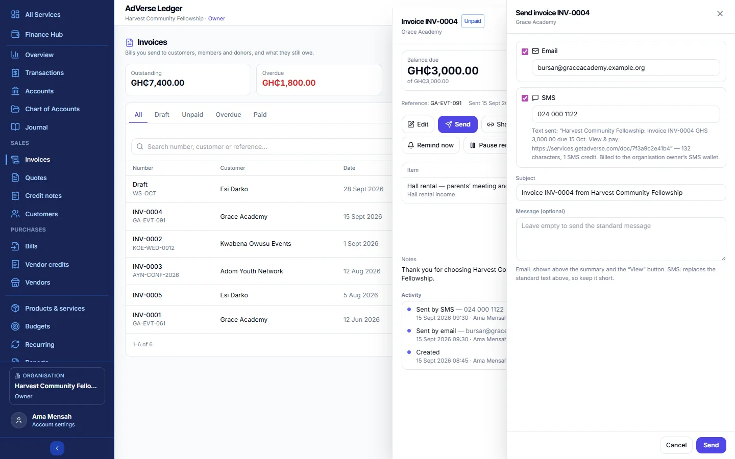The Send invoice panel with email and SMS