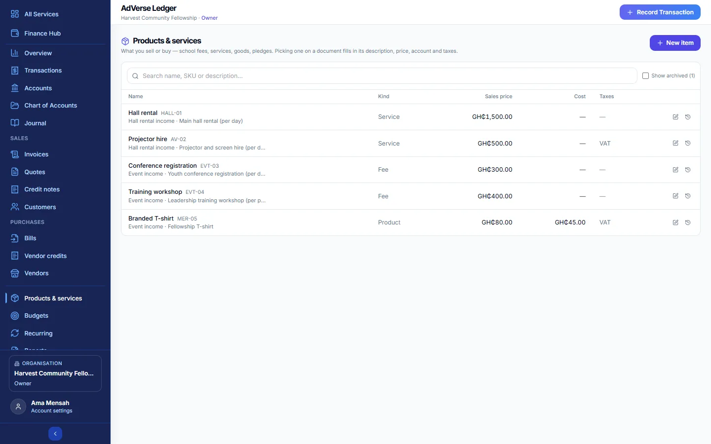 The Products and services list