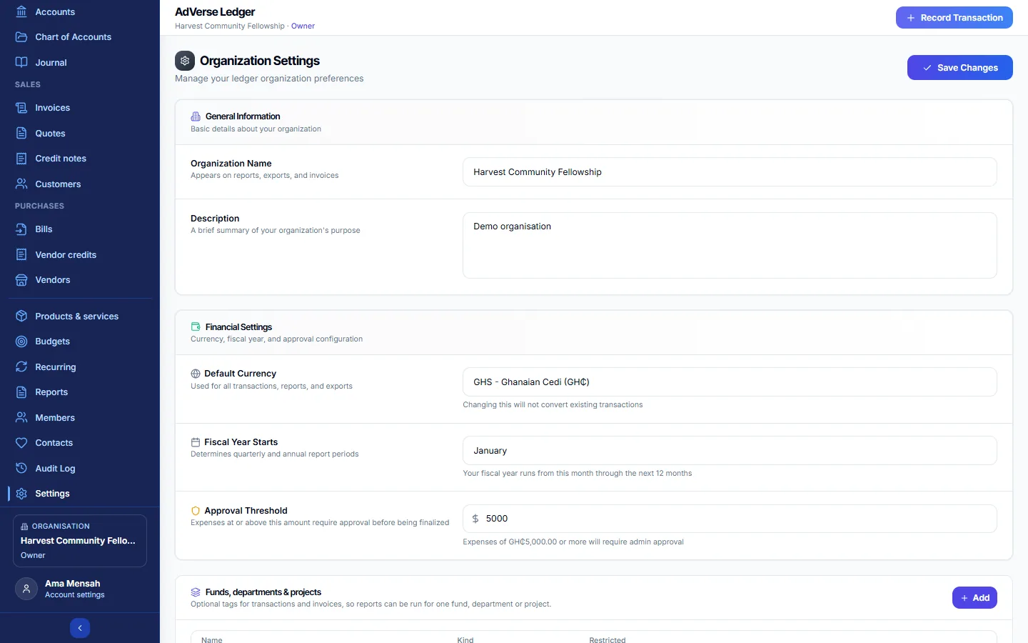 The Settings page