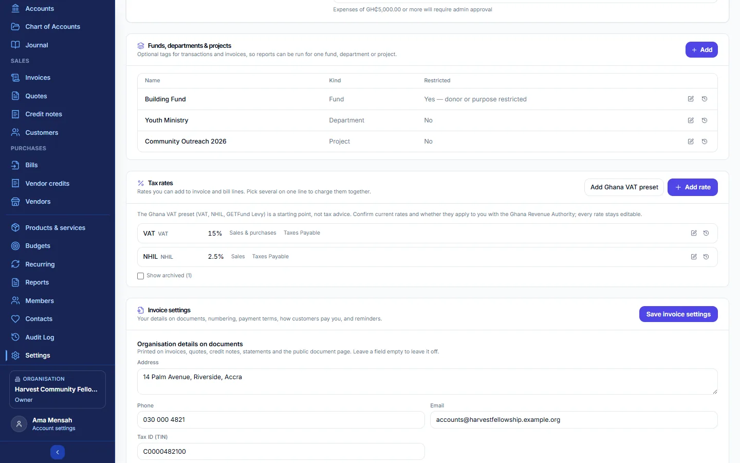 Funds, departments and projects in Settings
