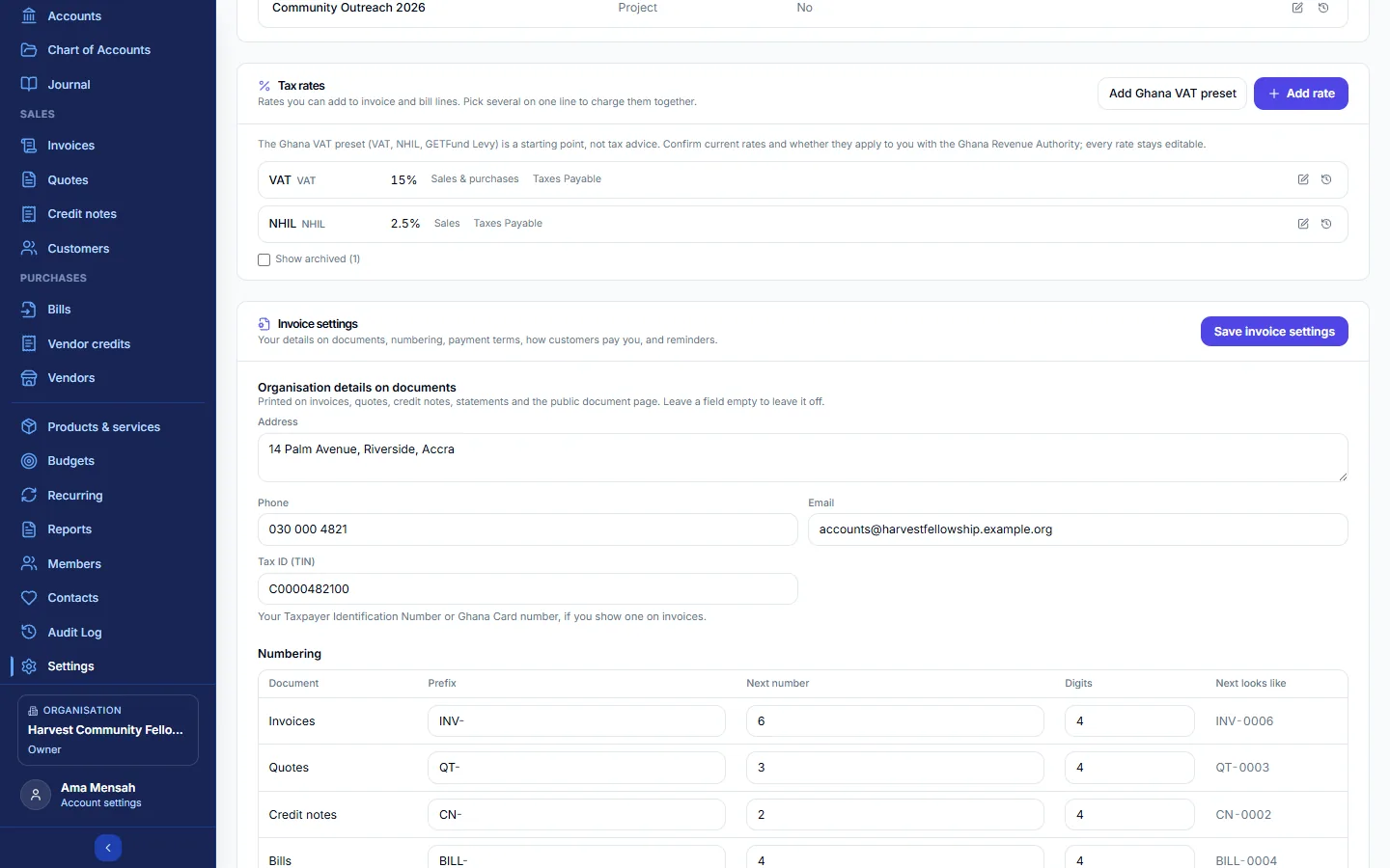 Tax rates in Settings