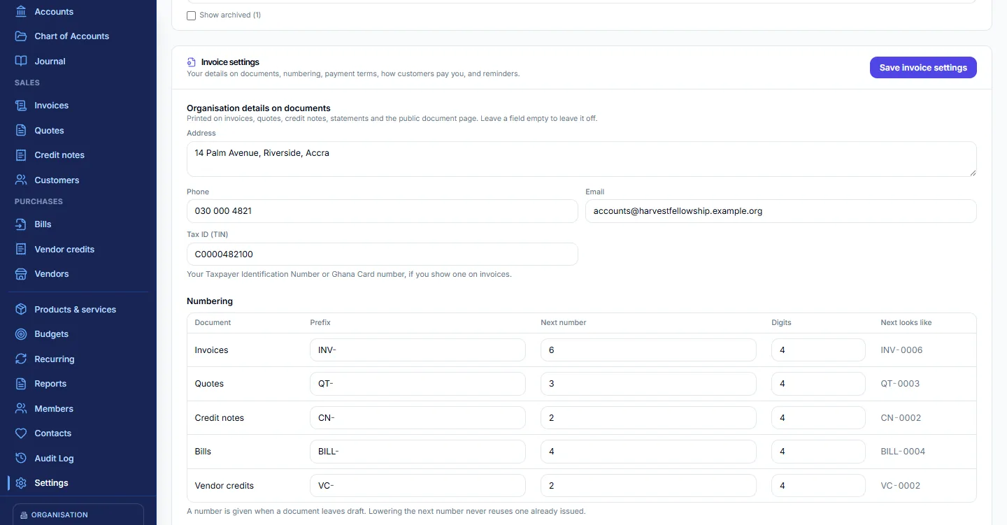 Invoice settings